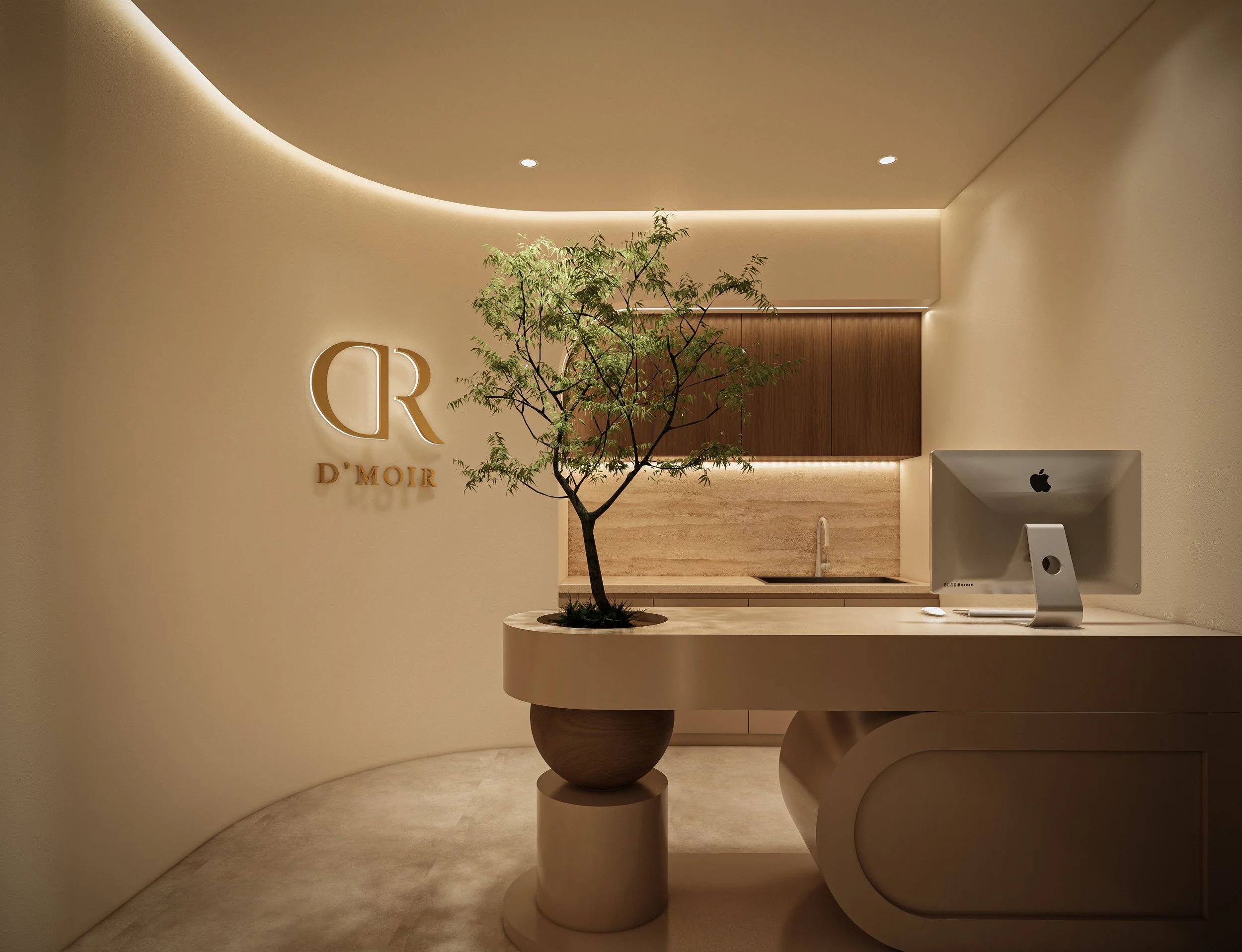 Modern reception area with minimalist decor, a small tree in a round planter, illuminated logo on the wall, and Apple computer on a white reception desk.