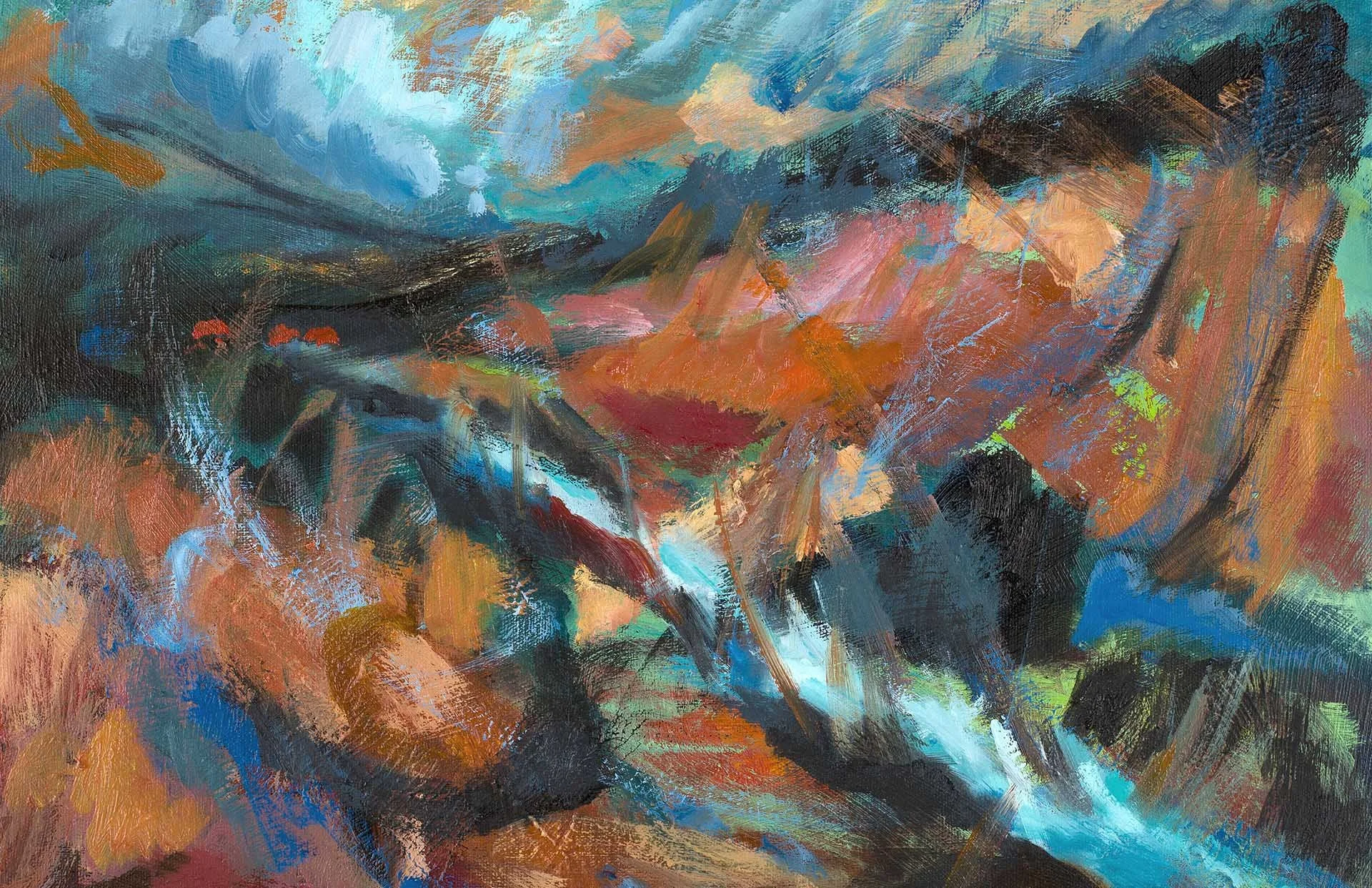 An abstract painting with bold brushstrokes featuring a mix of vibrant colors including blue, orange, black, and hints of green and pink.