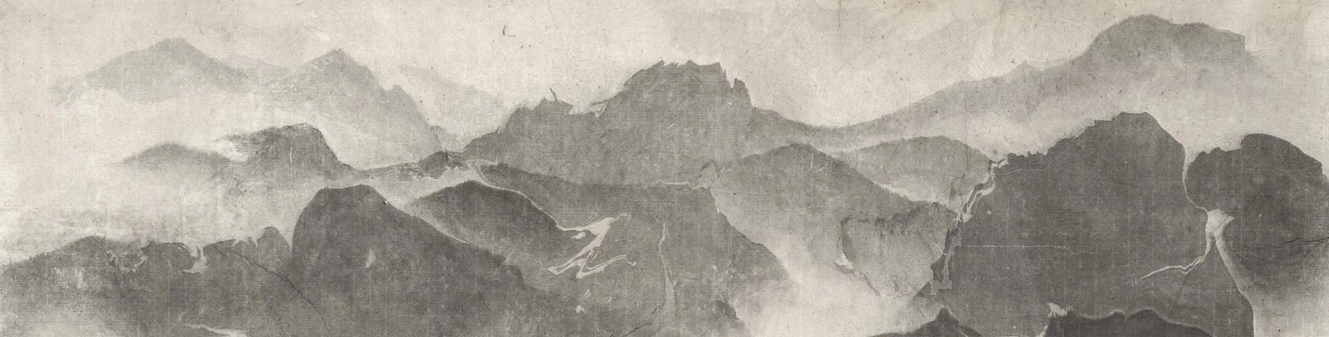A traditional Chinese or Japanese ink wash painting of mountains and landscape.