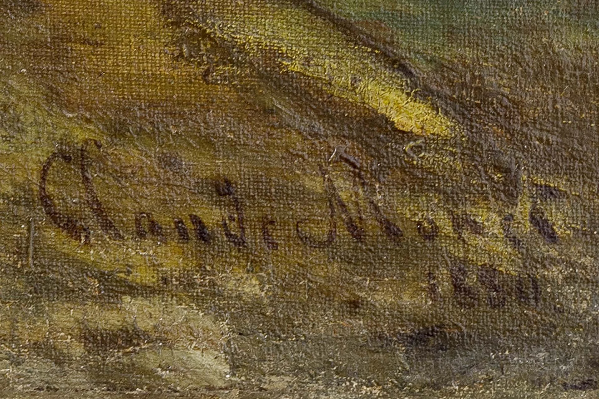 Close-up of a painted surface with metallic gold and bronze tones, featuring handwritten text and markings.Claude Monet signature