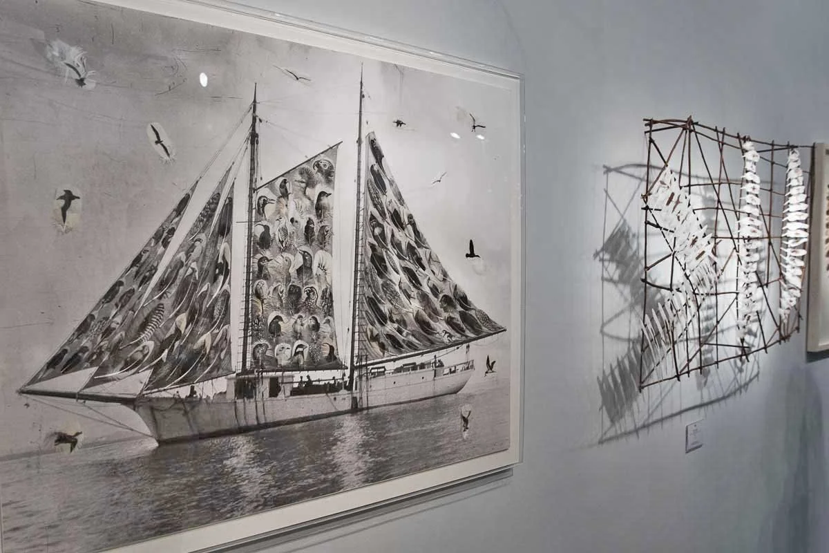 Black and white art piece of a sailboat with bird motifs on its sails, displayed in an art gallery, with a sculpture of interconnected rods and shells on the wall to the right.