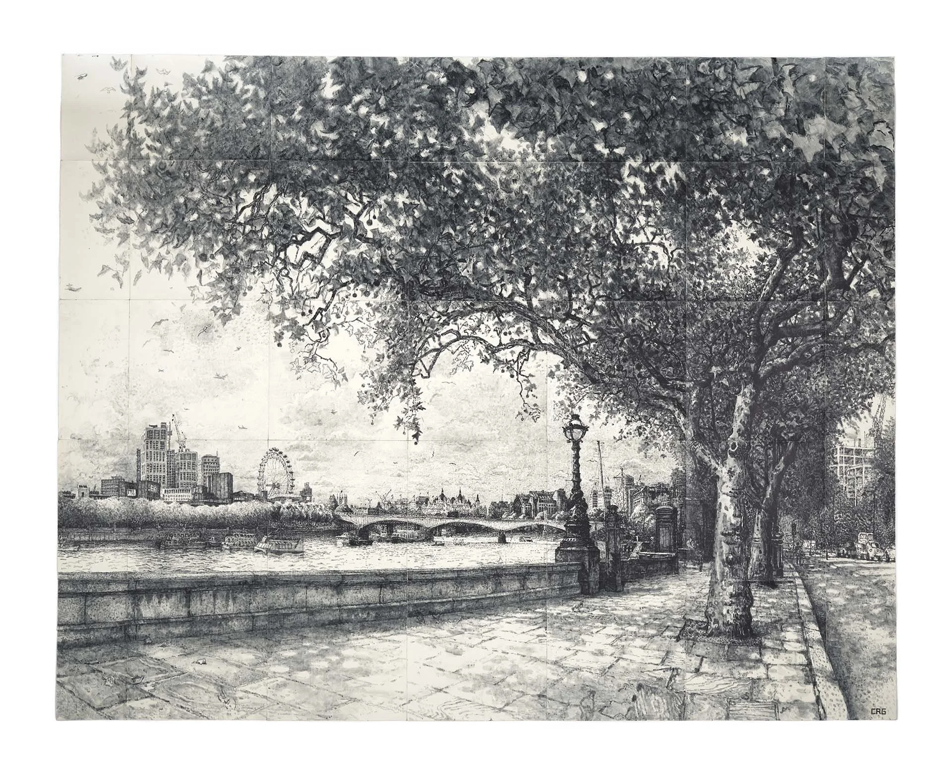 A black and white painting of a cityscape with a river, bridge, city buildings, and a Ferris wheel in the background, with large leafy trees in the foreground.