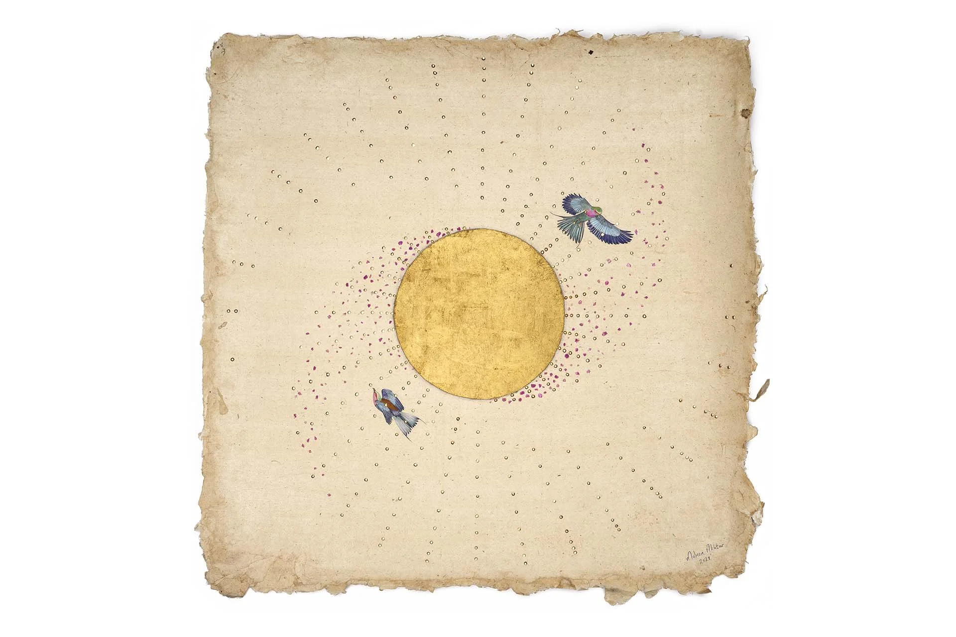 An aged, torn piece of parchment paper with a yellow sun at the center and small clouds, dots, and lines radiating outward. Two small, colorful birds with long tail feathers are flying near the sun.