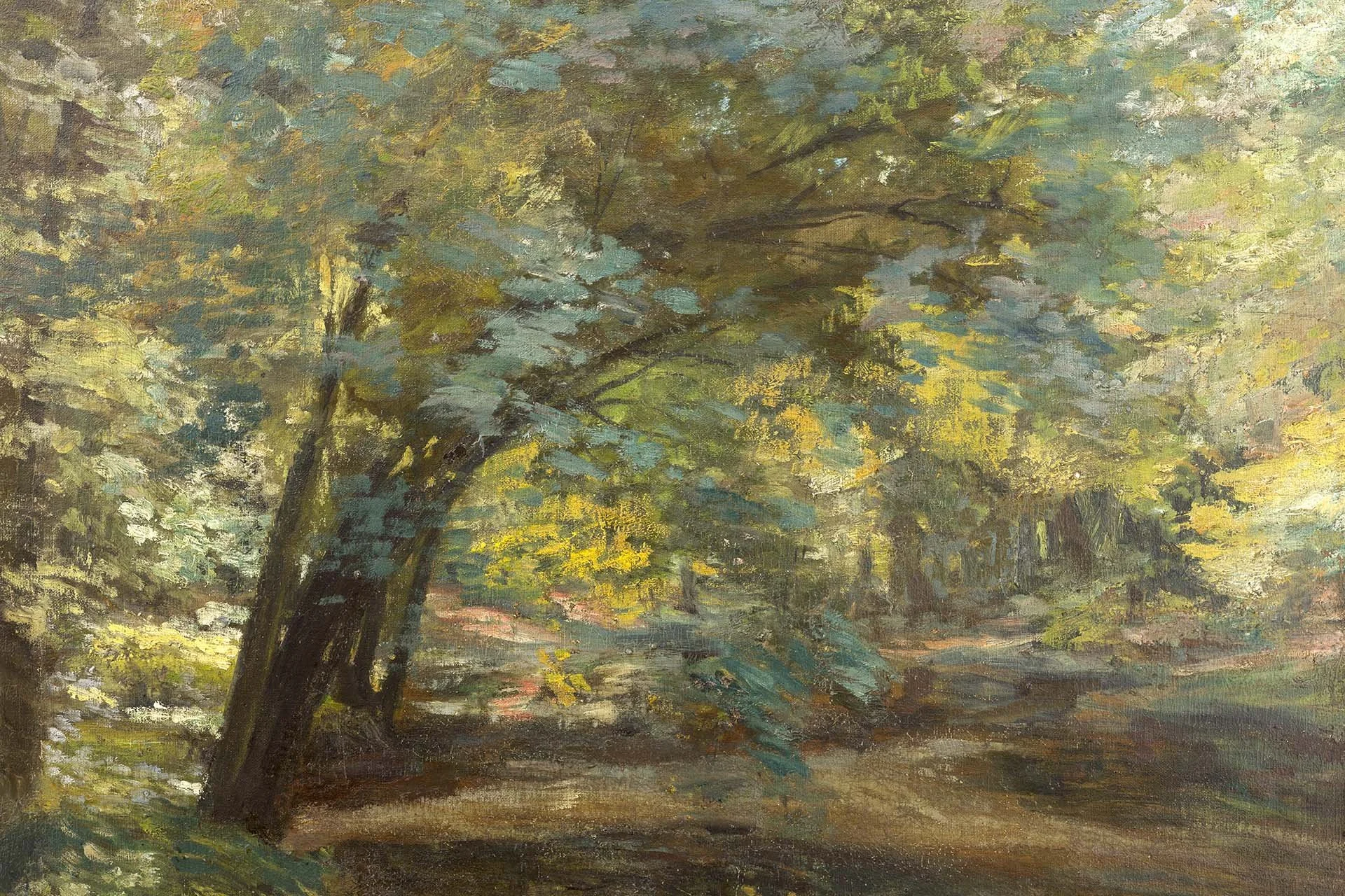 Impressionist style painting of a wooded landscape with tall trees, green foliage, and a path on the ground, with a light-colored sky. Claude Monet