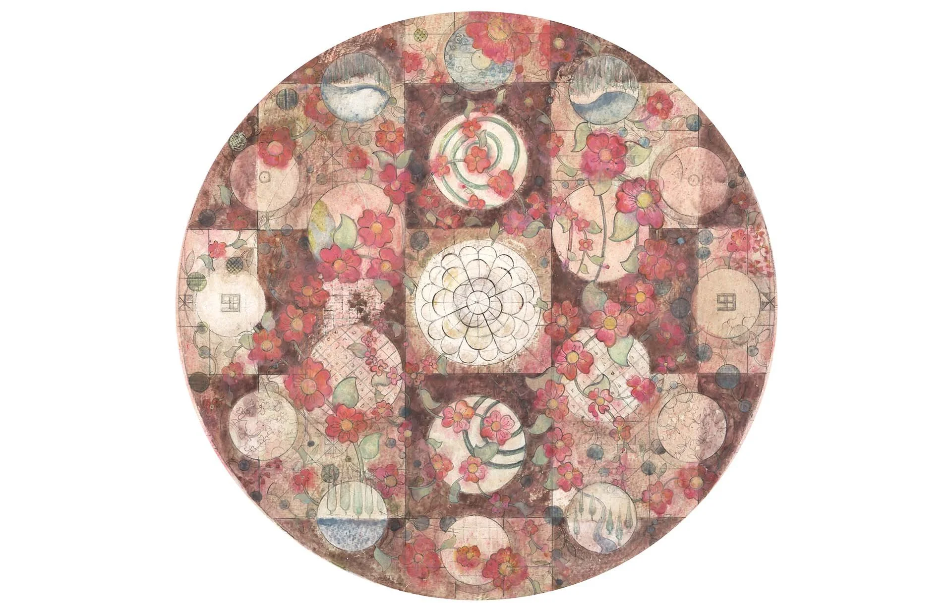 A circular abstract artwork with floral patterns, geometric shapes, and swirling lines in shades of red, pink, beige, and blue.
