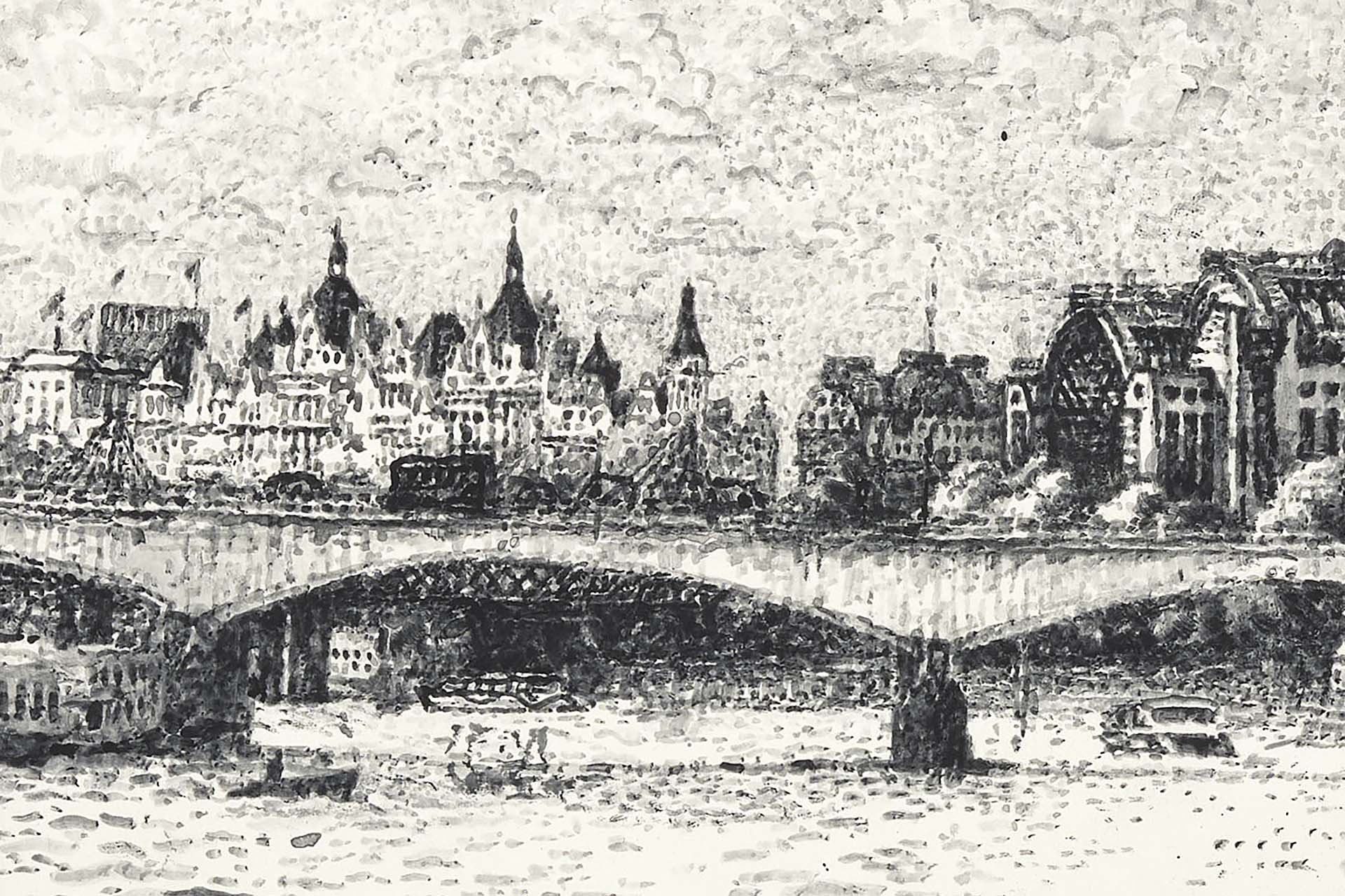 A black and white painting of a city skyline with historic buildings, a bridge in the foreground, and a waterway.