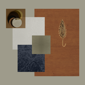 A collection of five different textured and colored material samples, including a brown and beige ceramic or porcelain piece, a white textured square, a gray fabric square, a dark marble square, and a wooden panel with a decorative metallic hook or ornament.