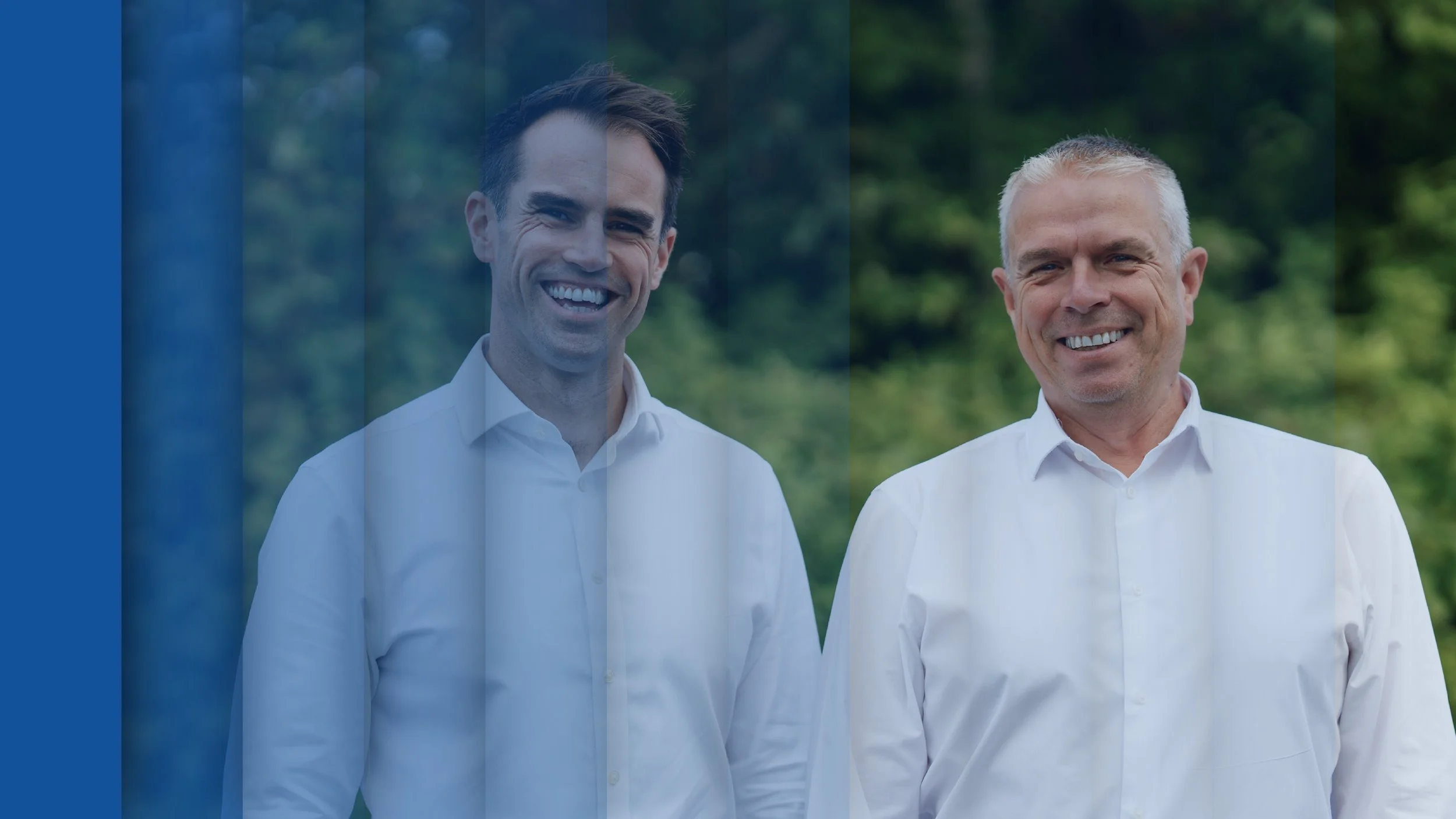 photograph of Simon and Barry standing out doors with a blue panelled gradient placed on top travelling from left to right