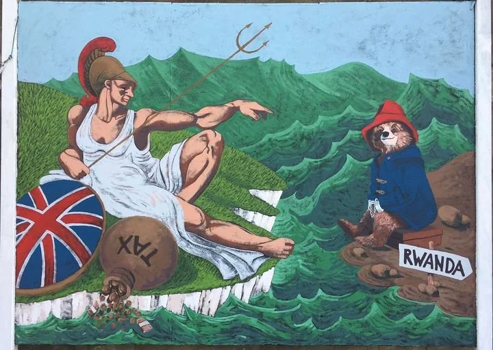 A painted mural depicting a famous scene from Greek mythology, with a figure resembling the Greek god Poseidon with a trident, a crown, and a muscular build, sitting on a rocky cliff. The figure has the British flag on a shield and is rolling a large