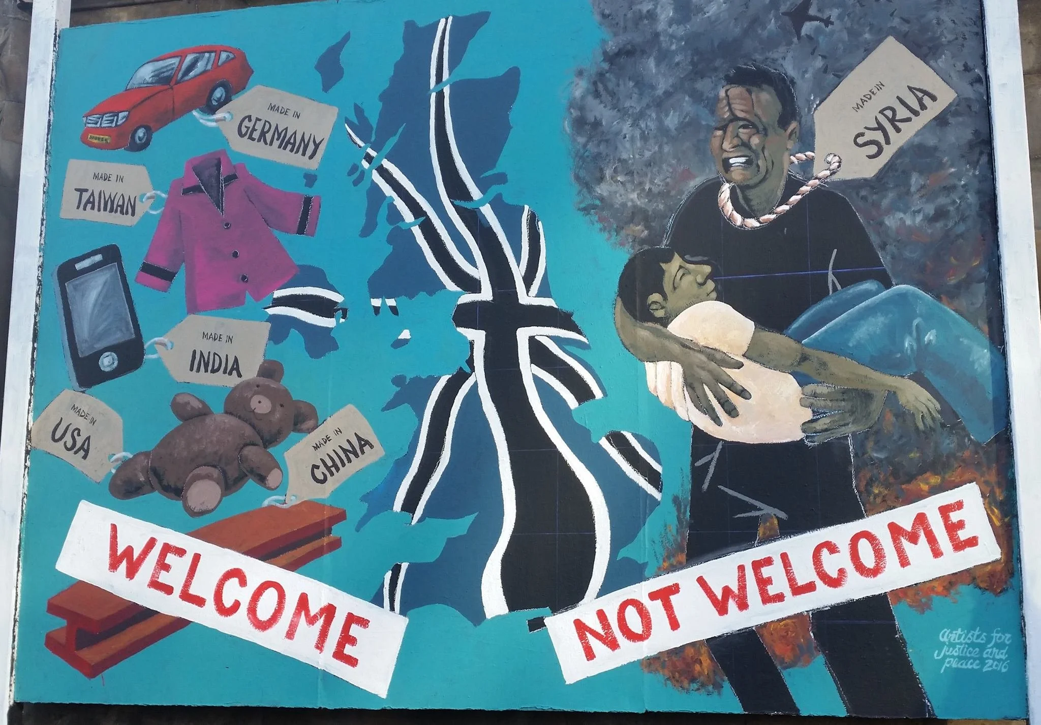 A mural featuring a map with labeled tags indicating the origin of various products such as Germany, Taiwan, India, China, USA, and Syria. The map has connecting lines to illustrations of items like a red car, a purple coat, a smartphone, ginger, and