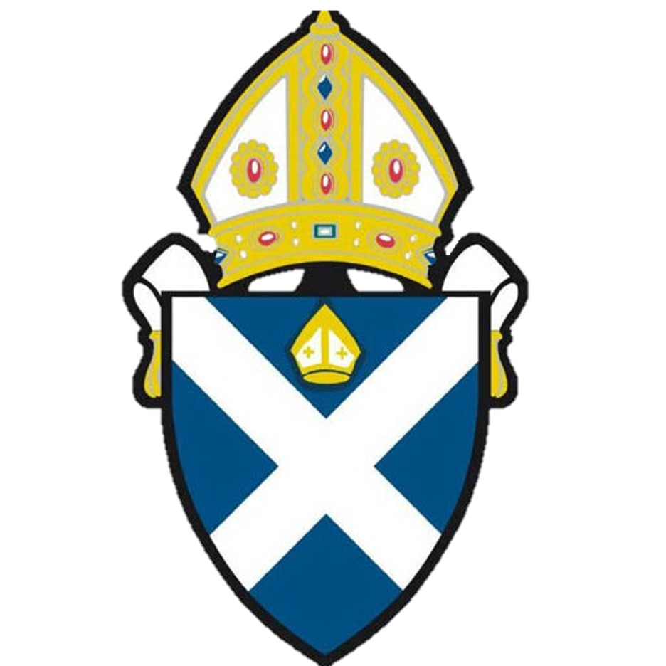 A coat of arms featuring a shield with a blue background and a white saltire cross, topped with a yellow bishop's crozier, and a crown with alternating blue and red jewels above.