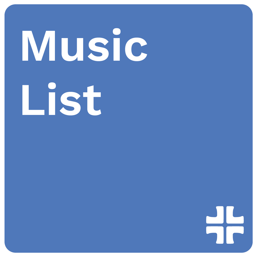 Blue square with white text that reads "Music List" and a small white icon in the bottom right corner.
