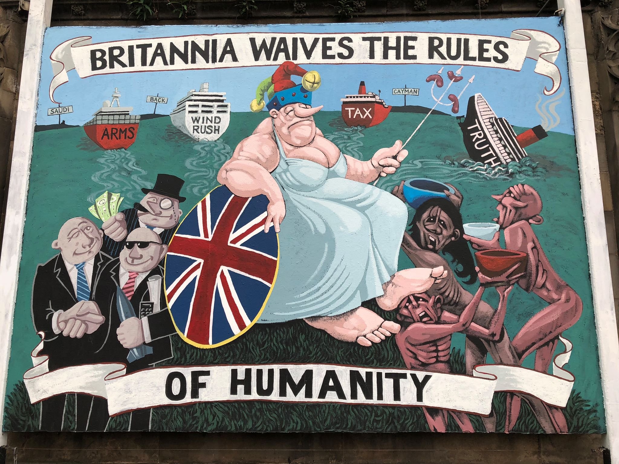 A mural protesting human rights violations. It depicts political figures, tanks, a skeleton, and a boat with the words 'Britannia Waives the Rules of Humanity' at the top.