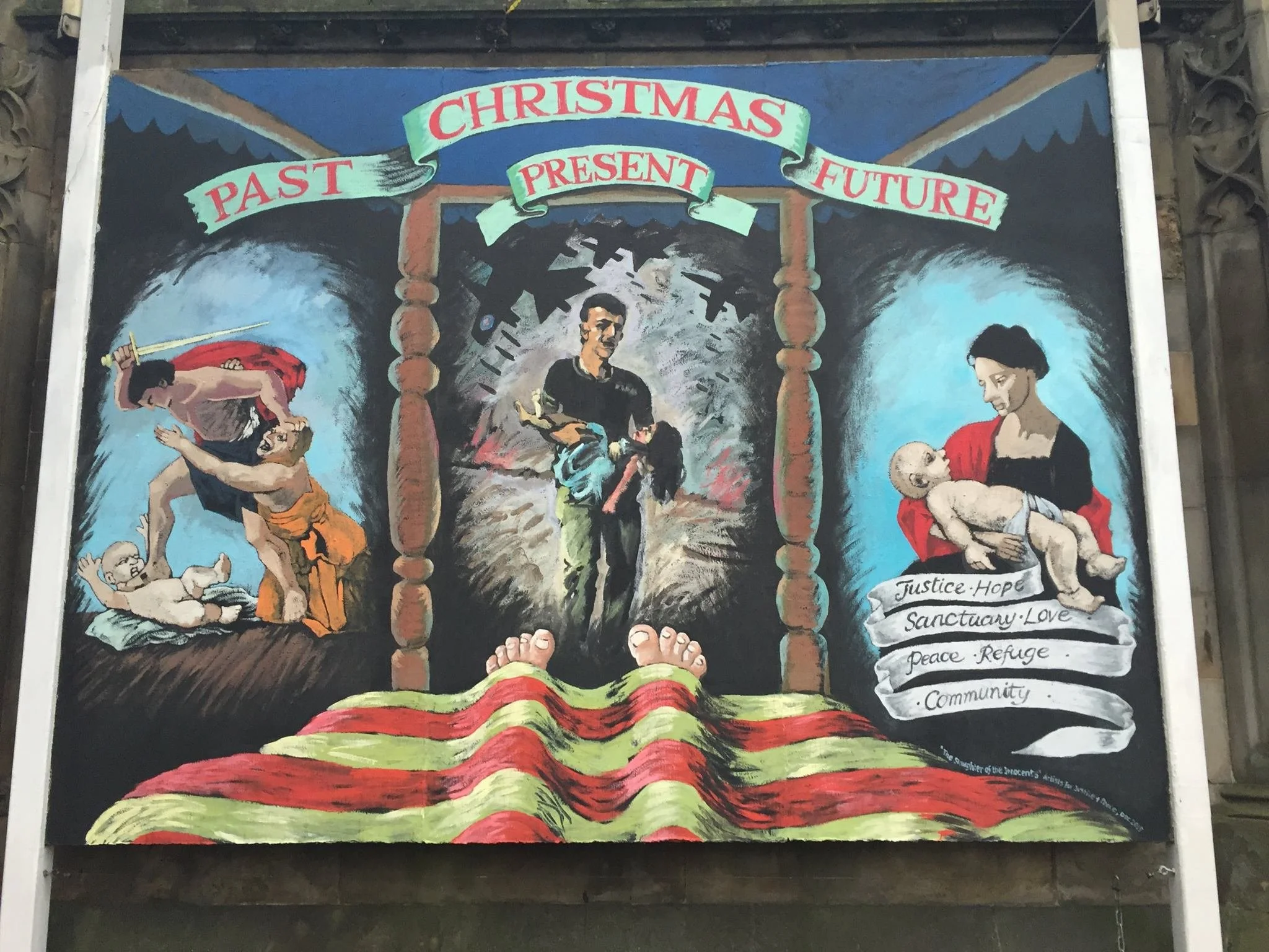 Painting depicting a journey through the past, present, and future, with images of different stages of human life and quotes about justice, hope, sanctuary, love, peace, refuge, community, and liberation.