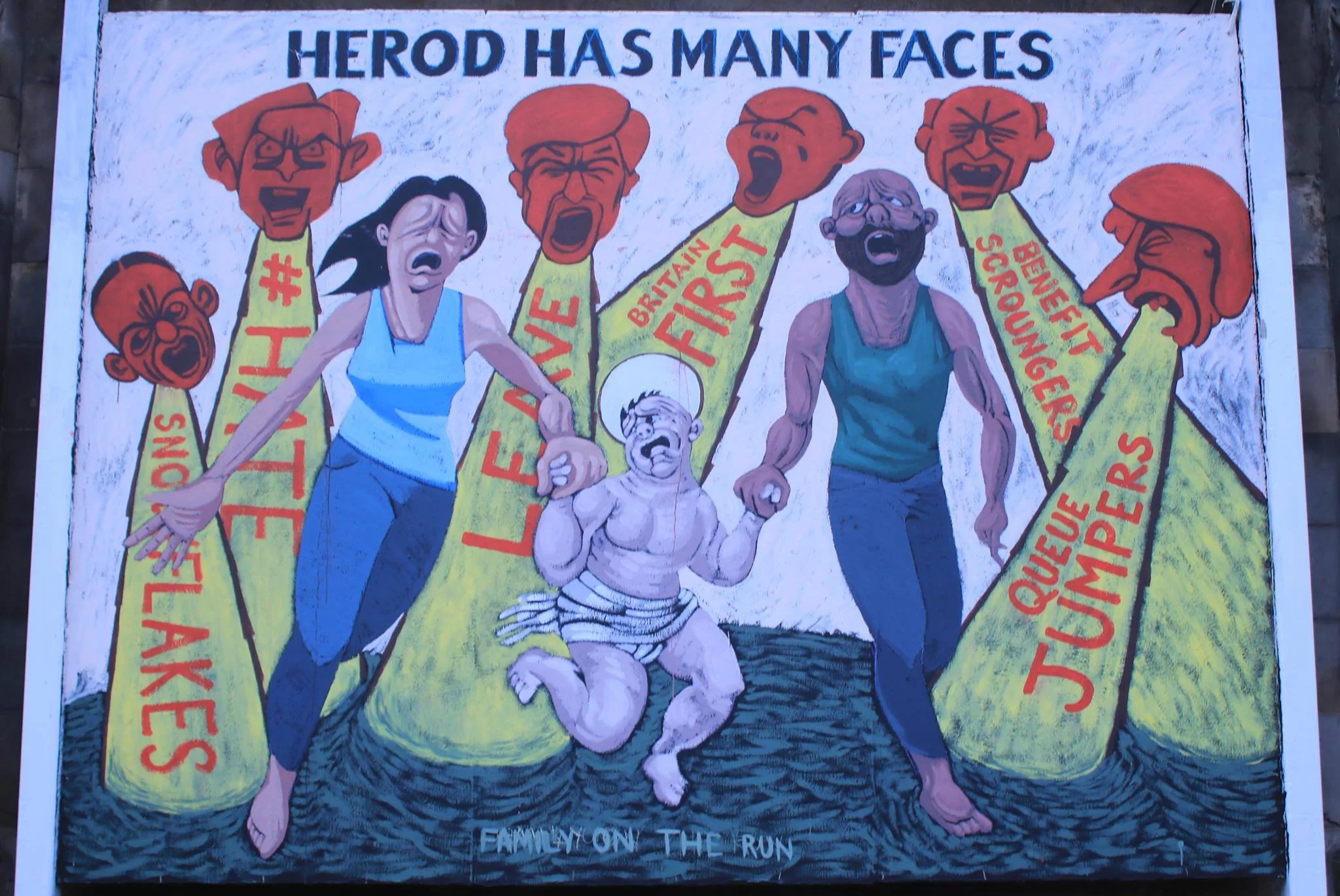 Colorful illustration of a mythological figure with multiple faces, holding a scythe, with people of diverse appearances and expressions around. Text reads: "Herod Has Many Faces," "Family on the Run," and some partial words.