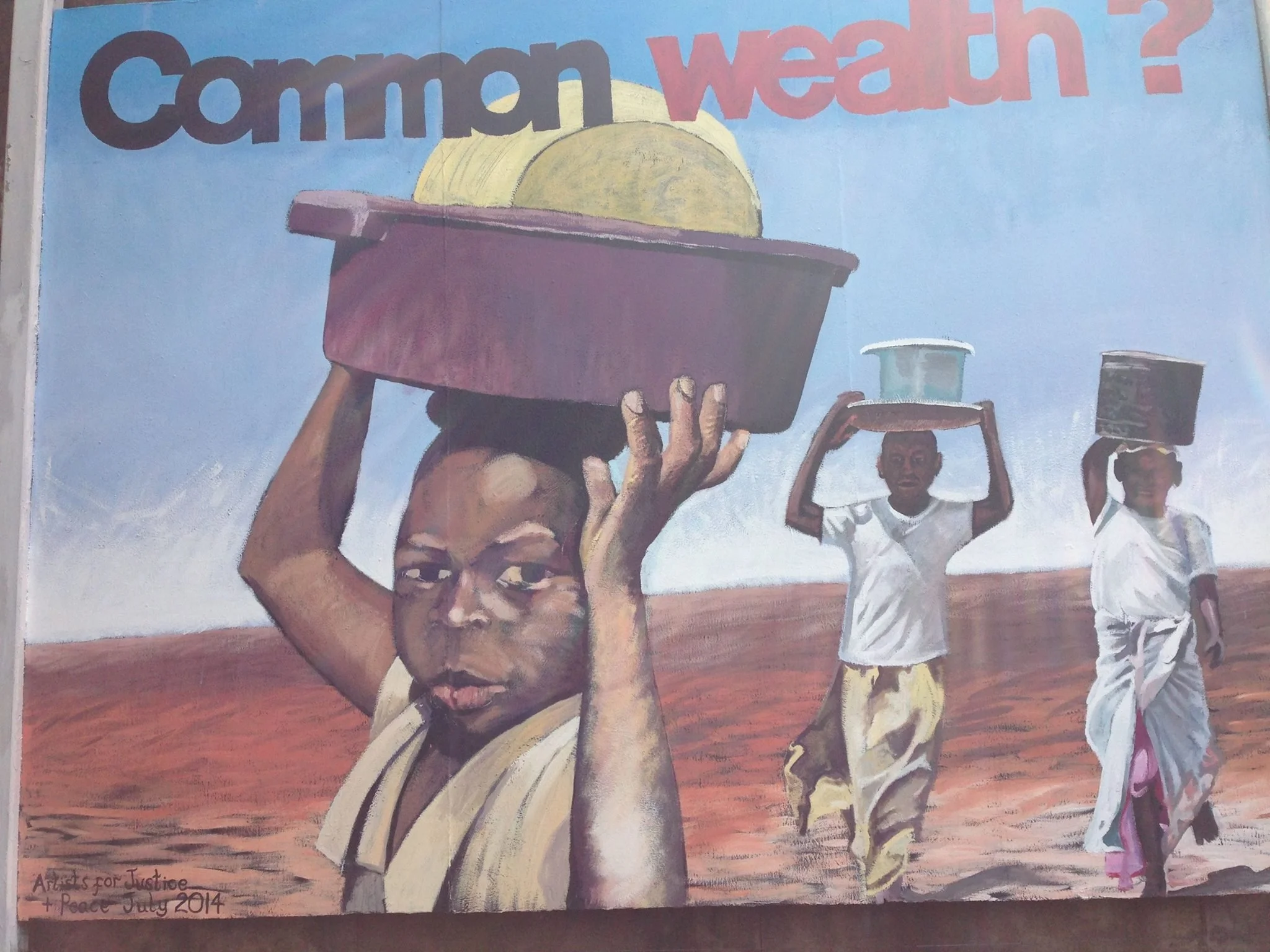 Two children and one adult outside, one child is carrying a large bowl or basket on their head. The other children are holding plates or containers. The background shows a sky during sunset or sunrise. Text at the top reads 'Campaign war?'. Handwritt