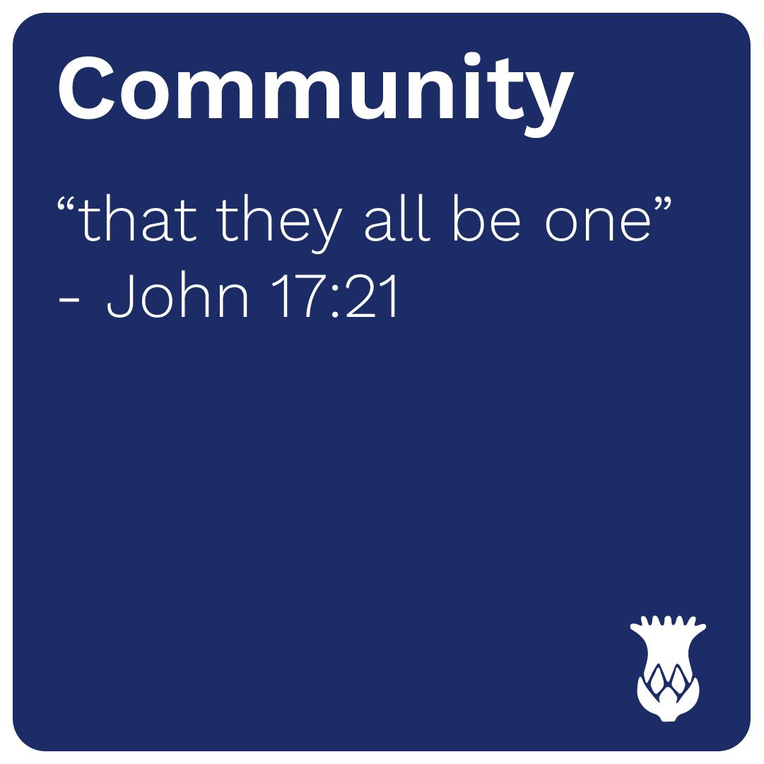 A navy blue background with the word 'Community' in large white text at the top. Below it, a quote in white text reads, "that they all be one" - John 17:21. There is a small white logo of a stylized pine cone or similar shape in the bottom right corner.