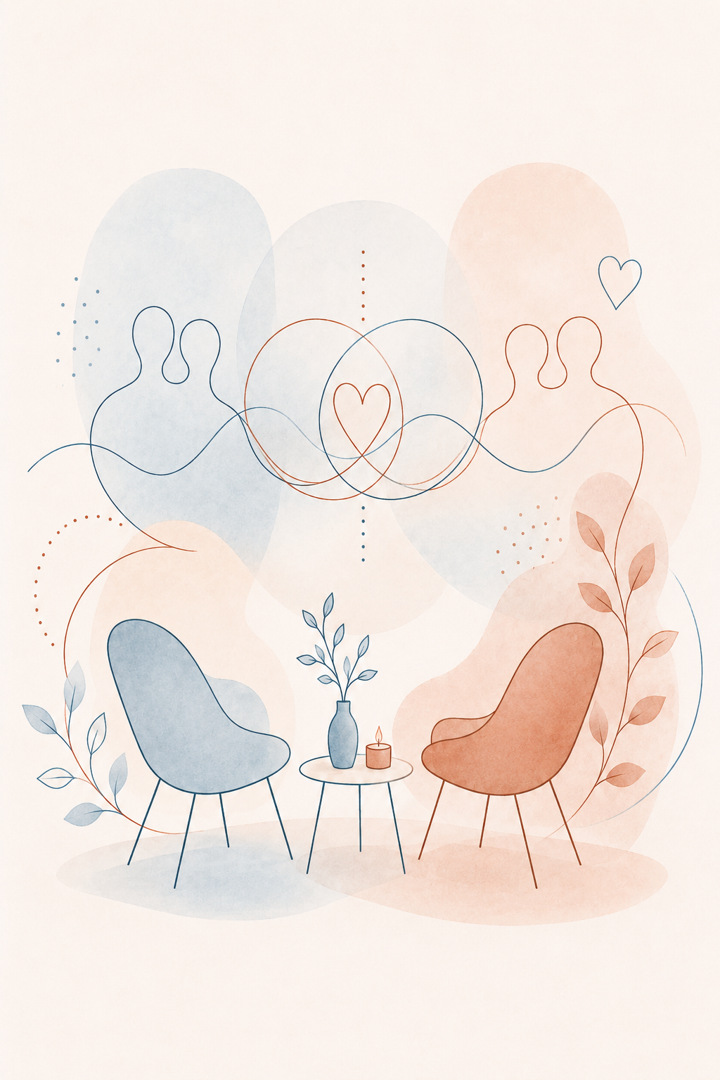 Illustration Paartherapie: Abstrakte Illustration von zwei Stühlen, einem Tisch mit einer Vase und Kerze, mit Herzsymbolen und lockeren Linien, in Pastellfarben.