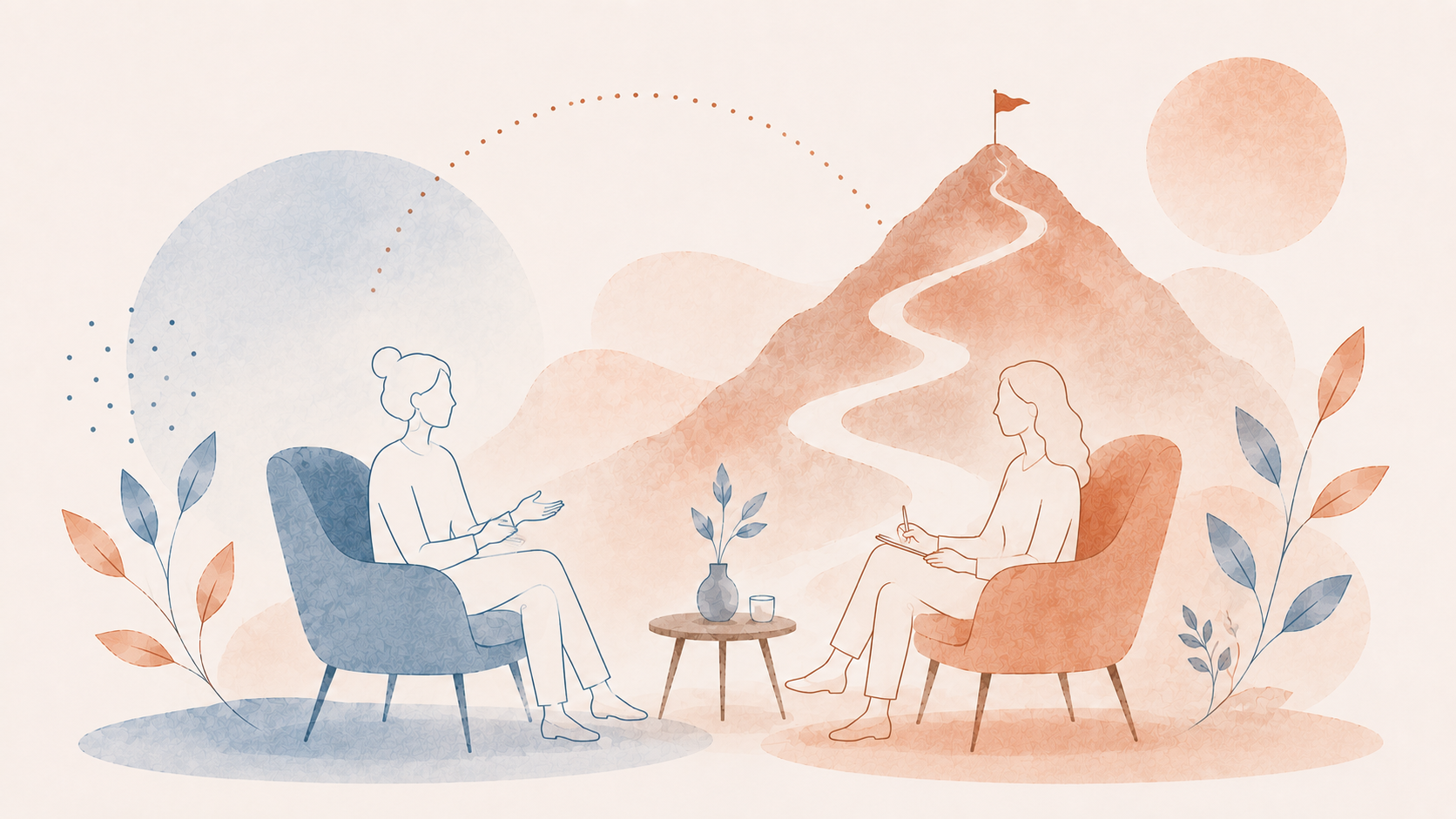 Zwei Frauen sitzen in Sitzen gegenüber, unterhalten sich in einem stilisierten, warmen pastelfarbenen Landschaftsbild mit Bergen, Sonnen und Pflanzen, in einem Gespräch oder einer Therapiesitzung.