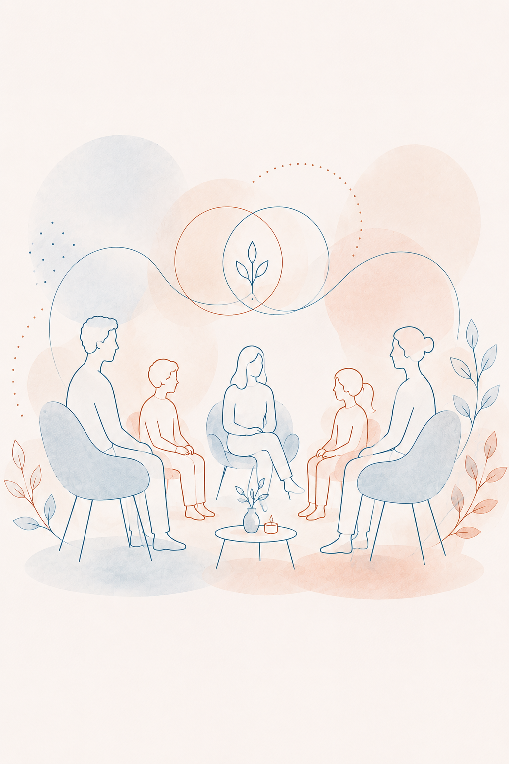 Illustration Familientherapie Berlin:  eine Gruppe von fünf Menschen, die in einem Kreis sitzen, umgeben von Pflanzenmotiven und symbolischen Linien, die Wachstum und Gemeinschaft darstellen.