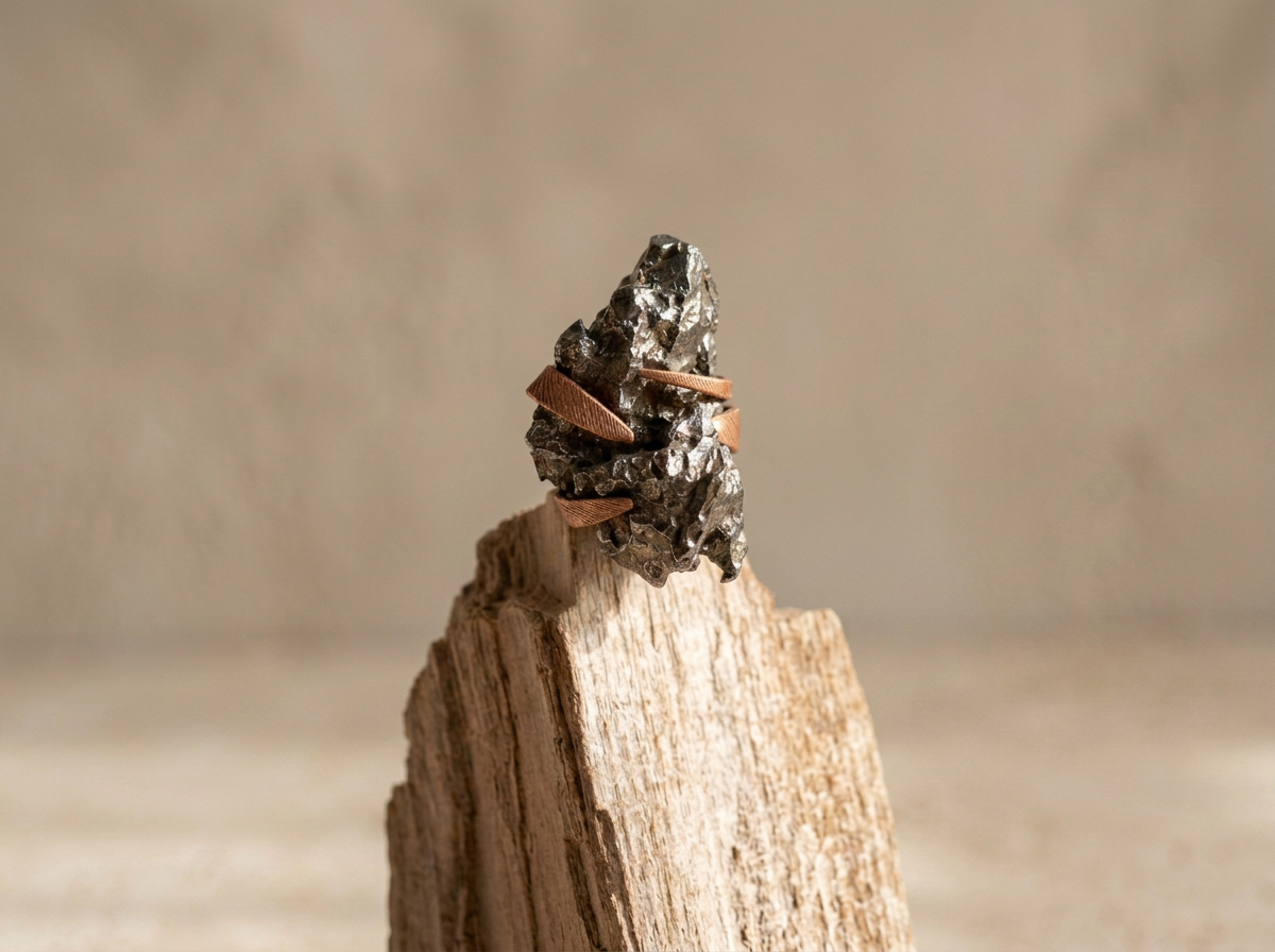 A ring with a rough, metallic black stone wrapped with a thin copper band, displayed on a piece of weathered wood.