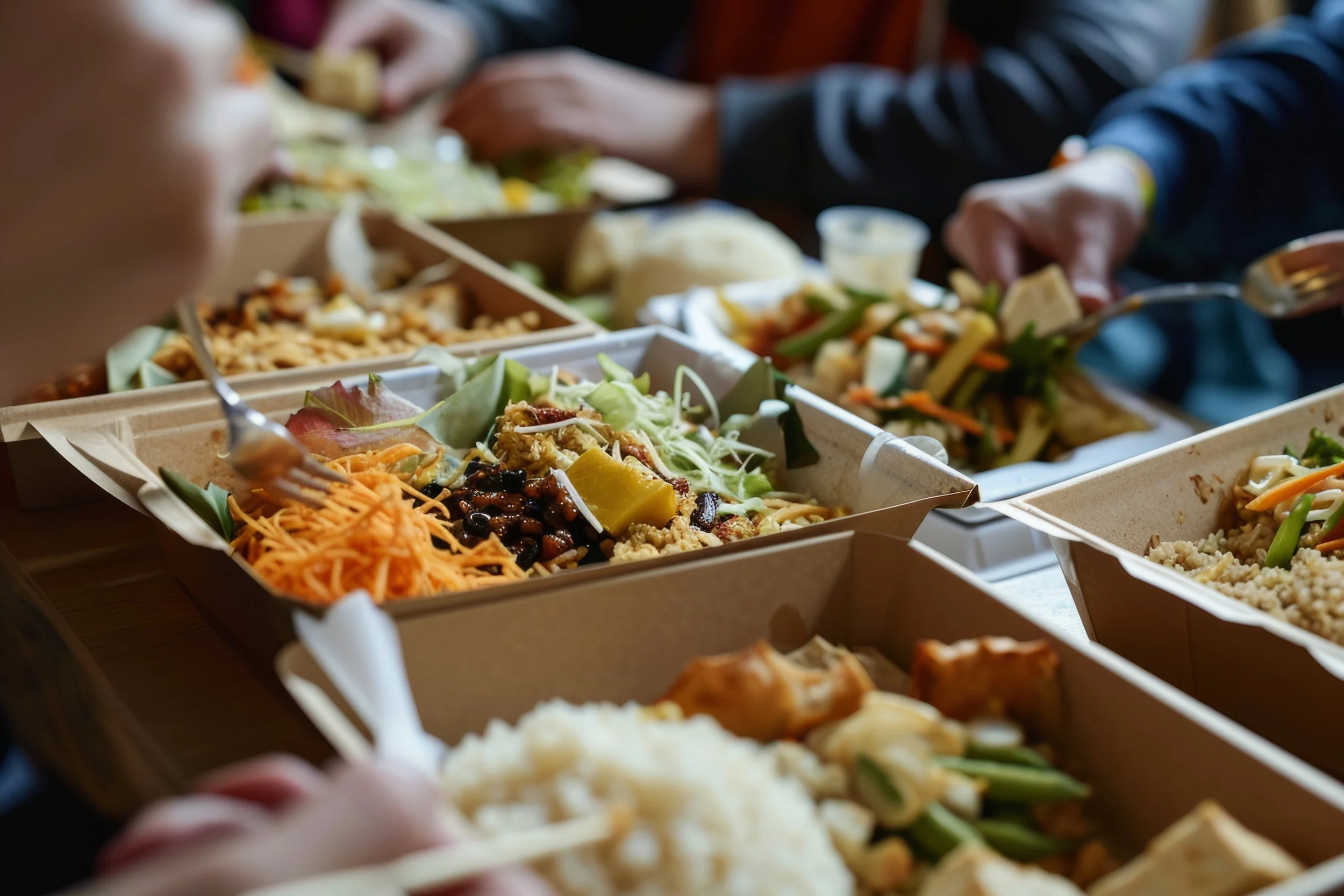 Multiple takeout containers filled with various colorful salads and side dishes, with people serving themselves