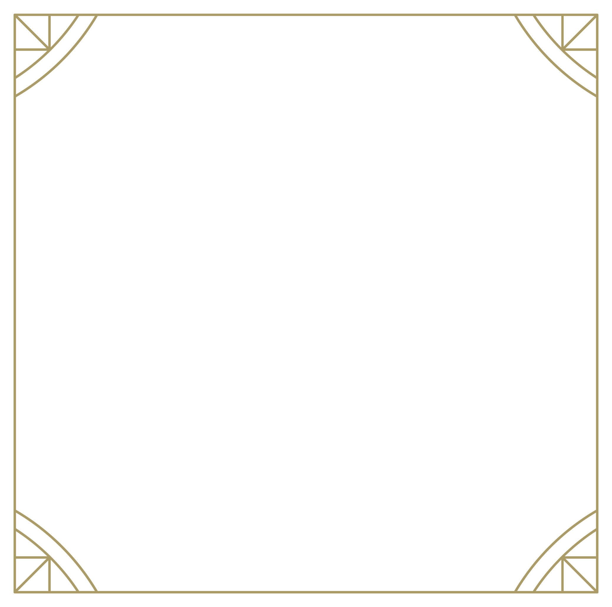 A decorative black and gold art deco frame with geometric patterns in the corners.