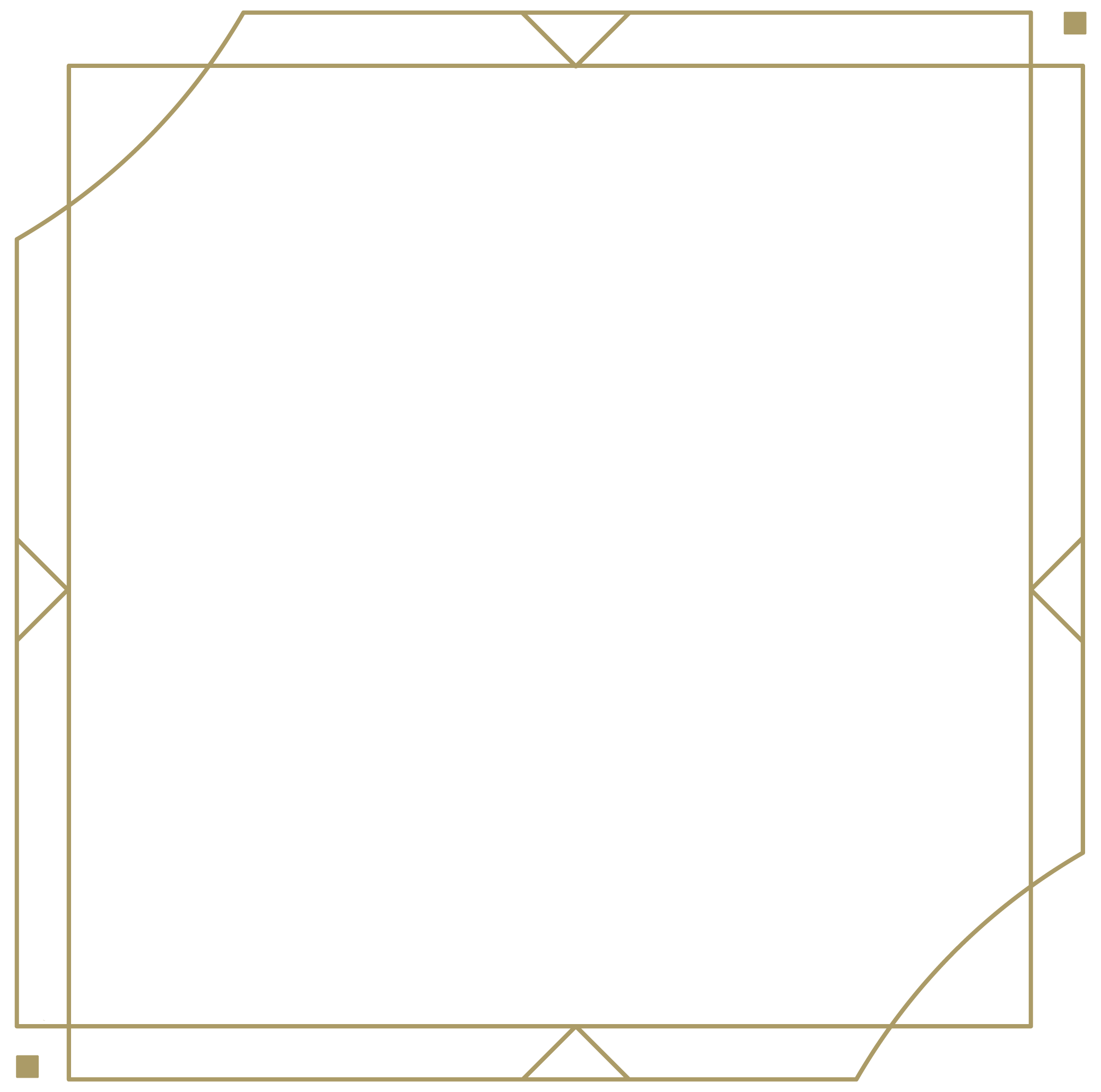 A black background with a gold geometric border design.