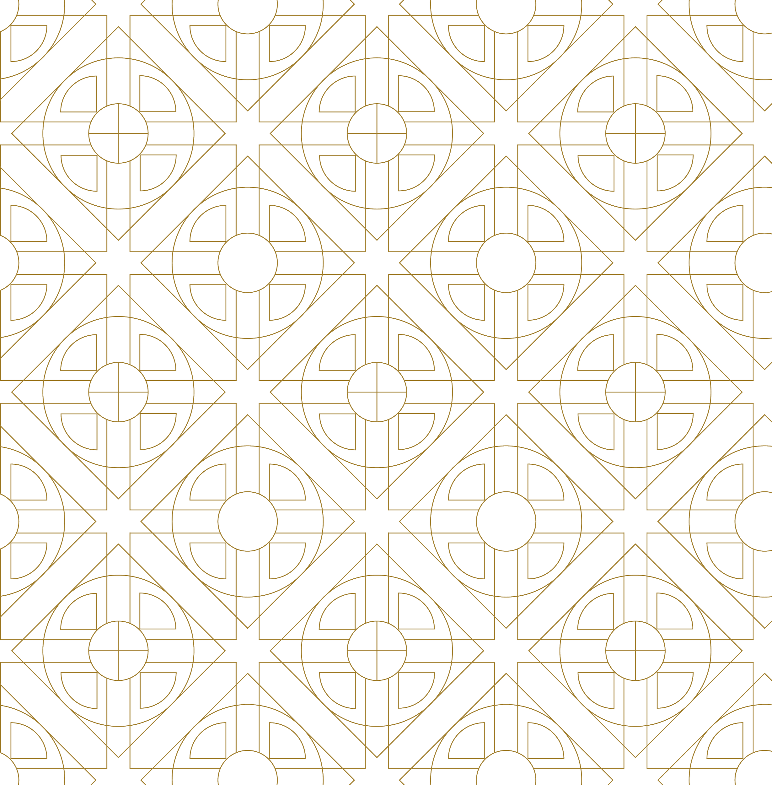 A repeating pattern of geometric shapes outlined in gold on a black background, forming a symmetrical, intricate design.