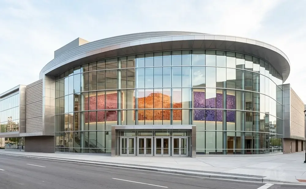 Modern building with large glass windows and curved roof