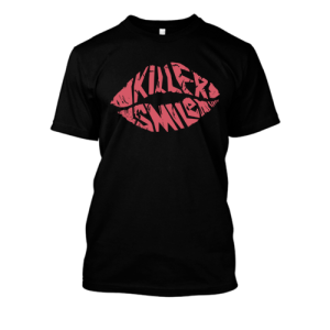 Black T-shirt with pink lips graphic containing the words 'KILLERS SMILE' inside the lips.