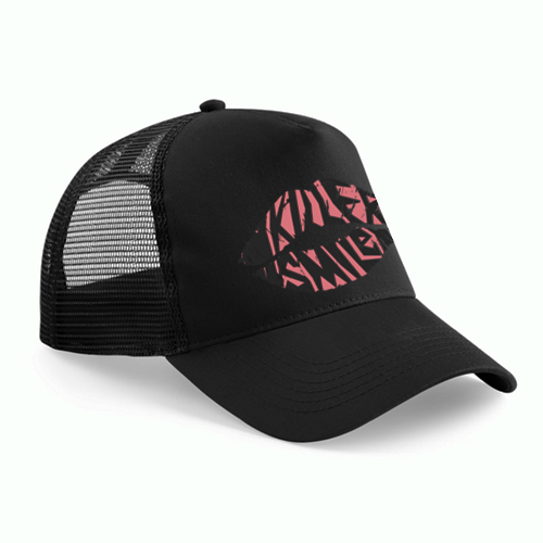 Black baseball cap with a pink logo on the front and a mesh back.