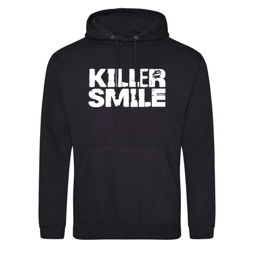 Black hoodie with white text that reads "KILLER SMILE" and a small graphic of a face on the letter 'R'.