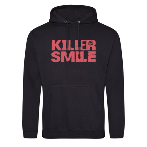 Black hoodie with pink text that reads 'KILLER SMILE' and a small graphic of lips between the words.