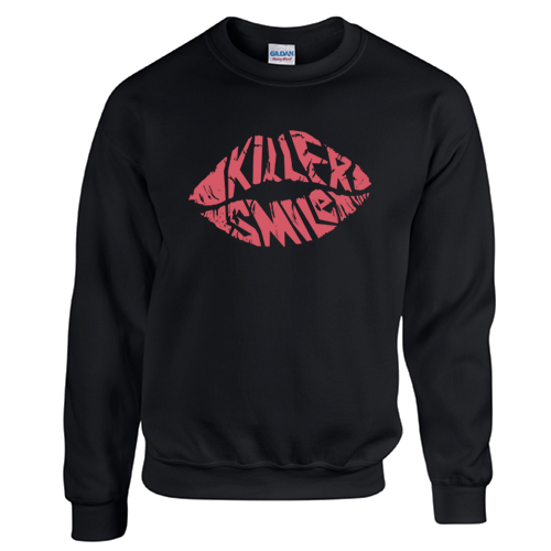 Black crewneck sweatshirt with red lips graphic containing the words "Killer Smile" inside.