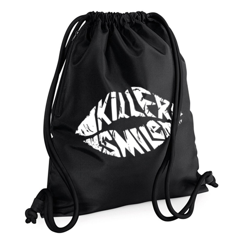 Black drawstring bag with a white graphic design that includes the words "Killer Smiles" in a stylized font.