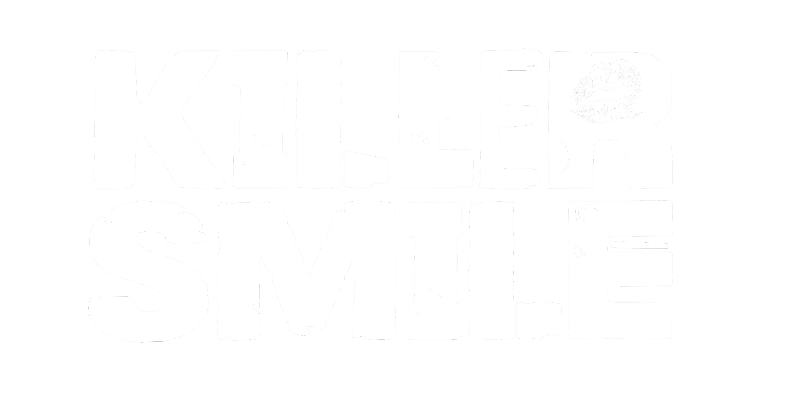 Black background with white distressed text that reads 'KILLED BY SMILE', with a lipstick kiss mark on the letter 'R'.
