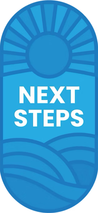 Blue shoe sole with the words 'Next Steps' in white text.
