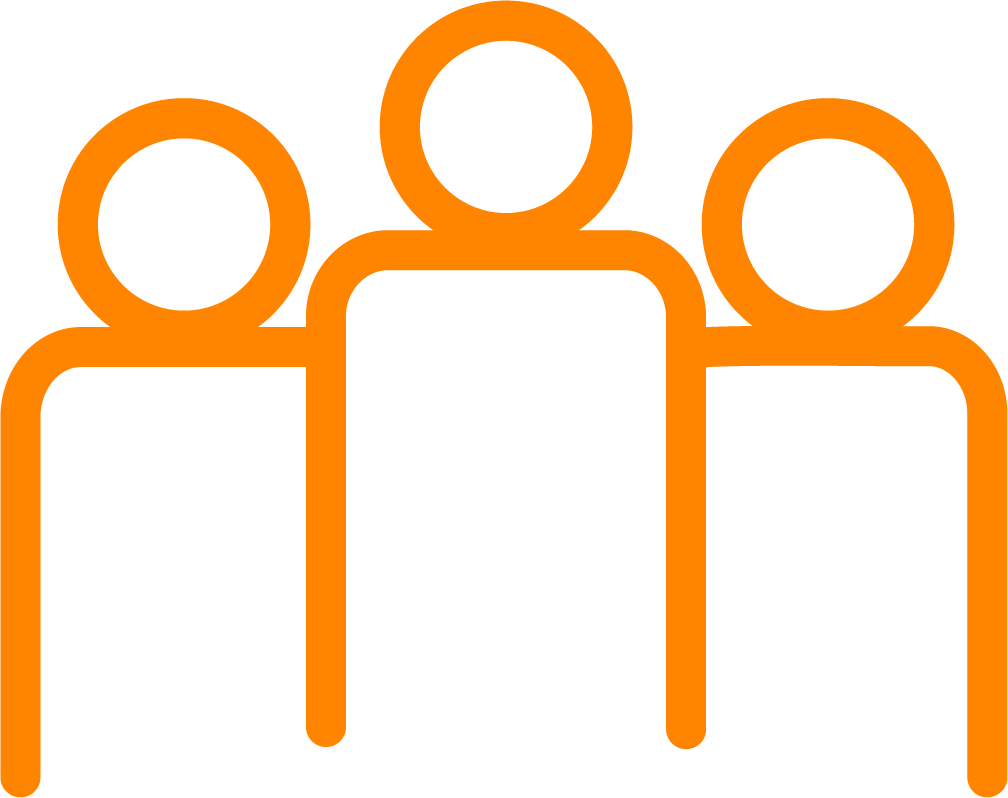 Icon of three stylized human figures in orange and black.