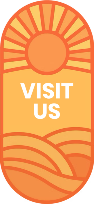 A vertical orange promotional banner with a stylized sun at the top and rolling hills at the bottom, featuring the text "VISIT US" in white.