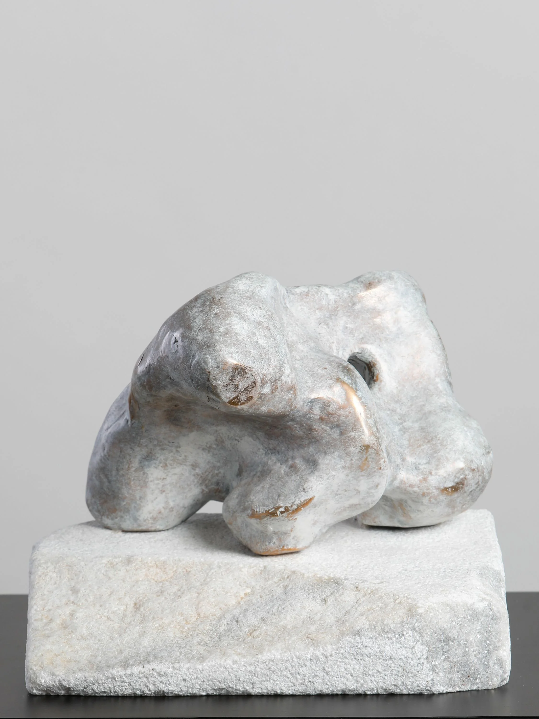 A sculpture of an abstract animal figure, made of stone, with a smooth, rounded form, on a layered stone base.