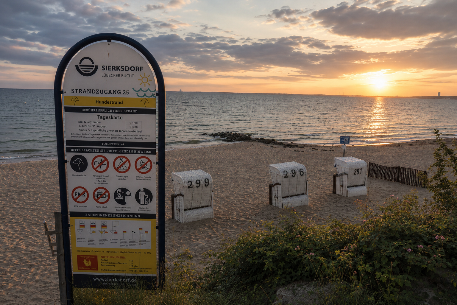 Ein Strand mit drei weißen Strandkörben, einer Badestellen-Flagge, einem Schild mit Informationen über den Hundestrand, und einer Abdeckung im Vordergrund. Im Hintergrund das Meer bei Sonnenuntergang