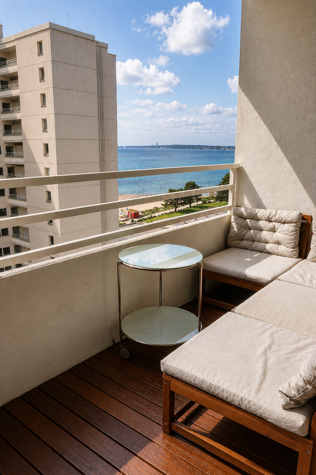 Balkon mit Blick aufs Meer, bestehend aus einer Holzterrasse, einem modernen Beistelltisch, einem L-förmigen Loungesofa mit Kissen, hohem Grauen Wände, einem weißen Balustraden, im Hintergrund klarem blauen Wasser und Himmel mit weißen Wolken, umgebe