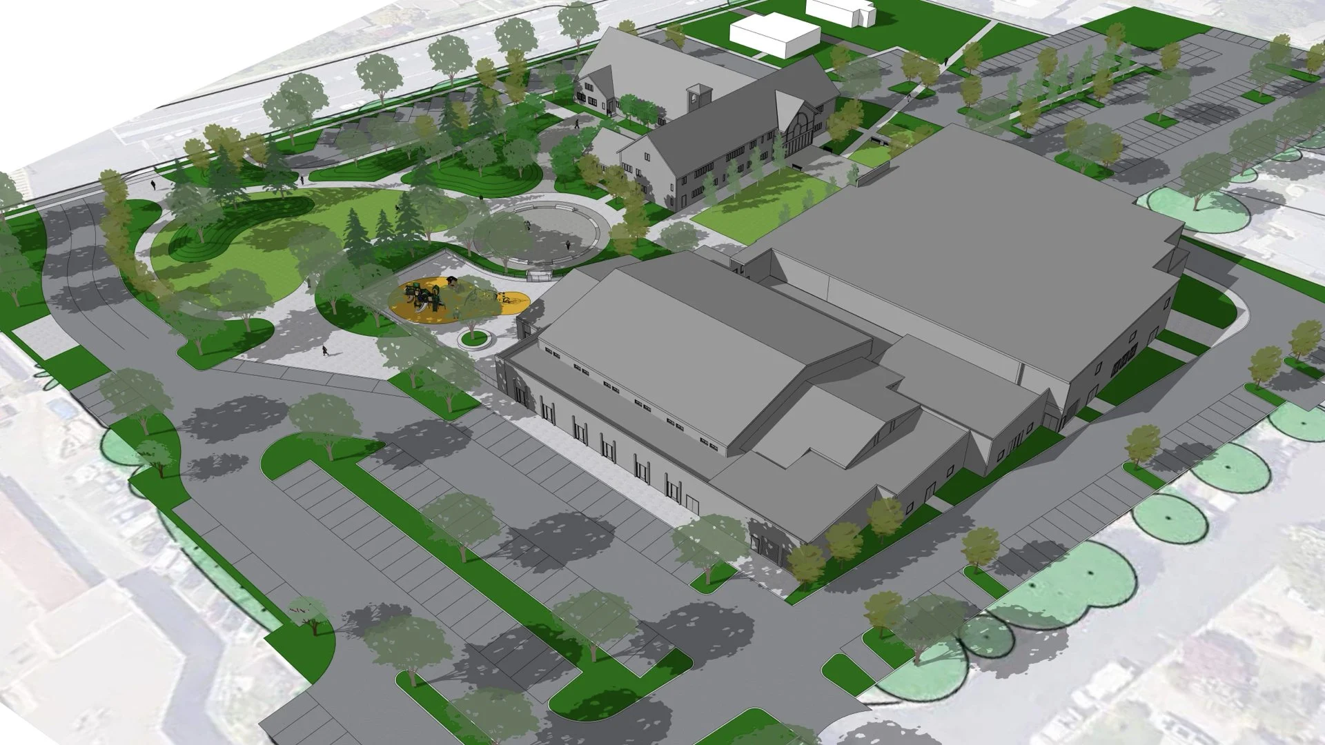 A 3D model of a community development site showing buildings, parking lots, pathways, trees, and landscaping.