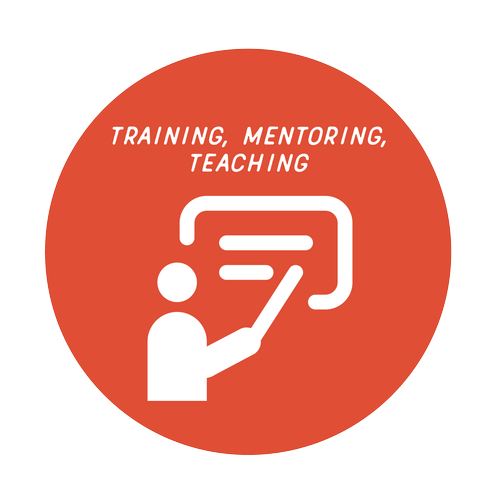 Red circular icon with a white outline of a person pointing at a whiteboard, text 'Training, Mentoring, Teaching' above the icon.