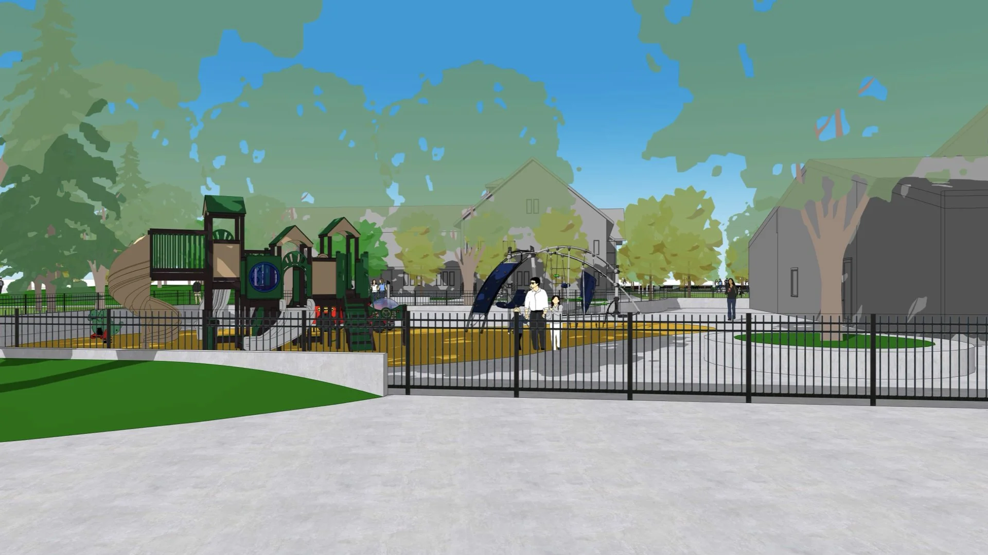 Digital illustration of a playground with slides, climbing structures, and fencing. There are trees and houses in the background with a clear sky.