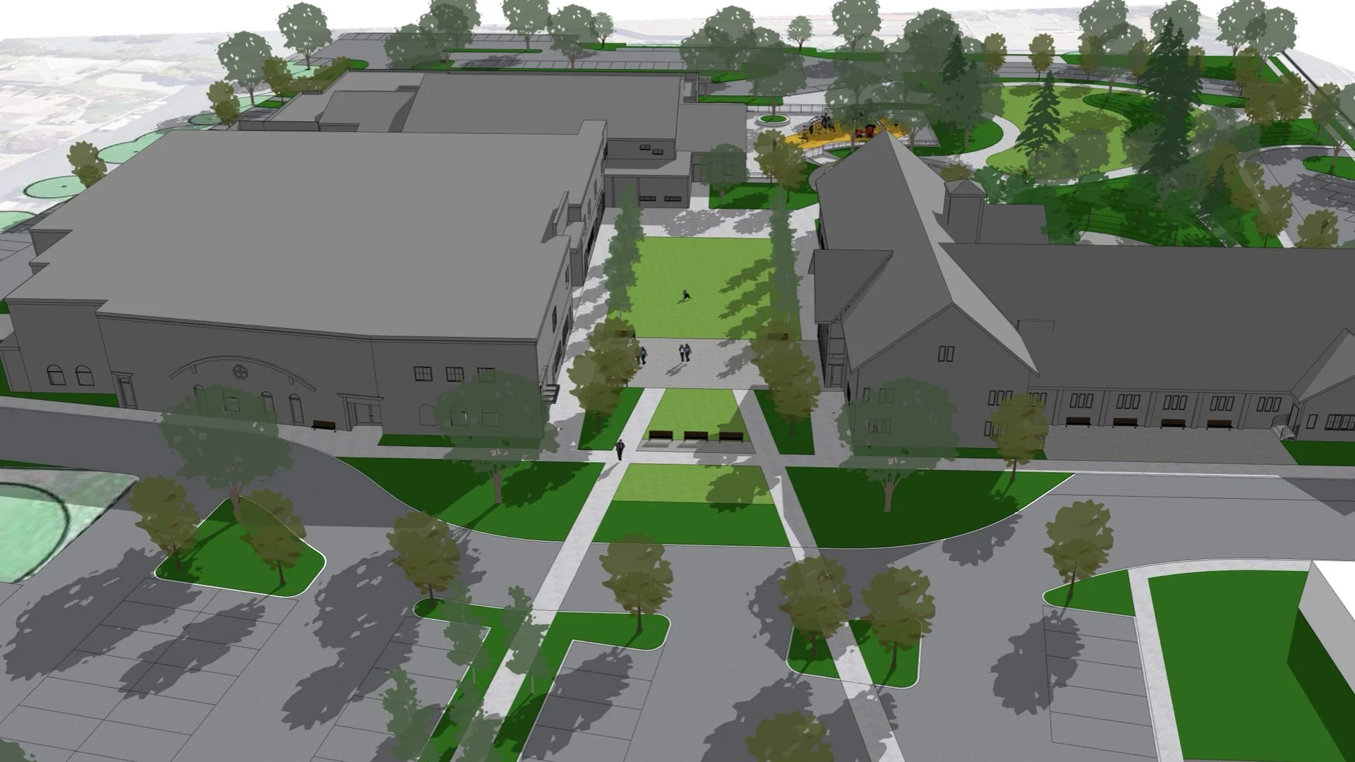A digital rendering of a landscaped outdoor area with buildings, trees, walking paths, and green spaces, illustrating an urban park or campus design.