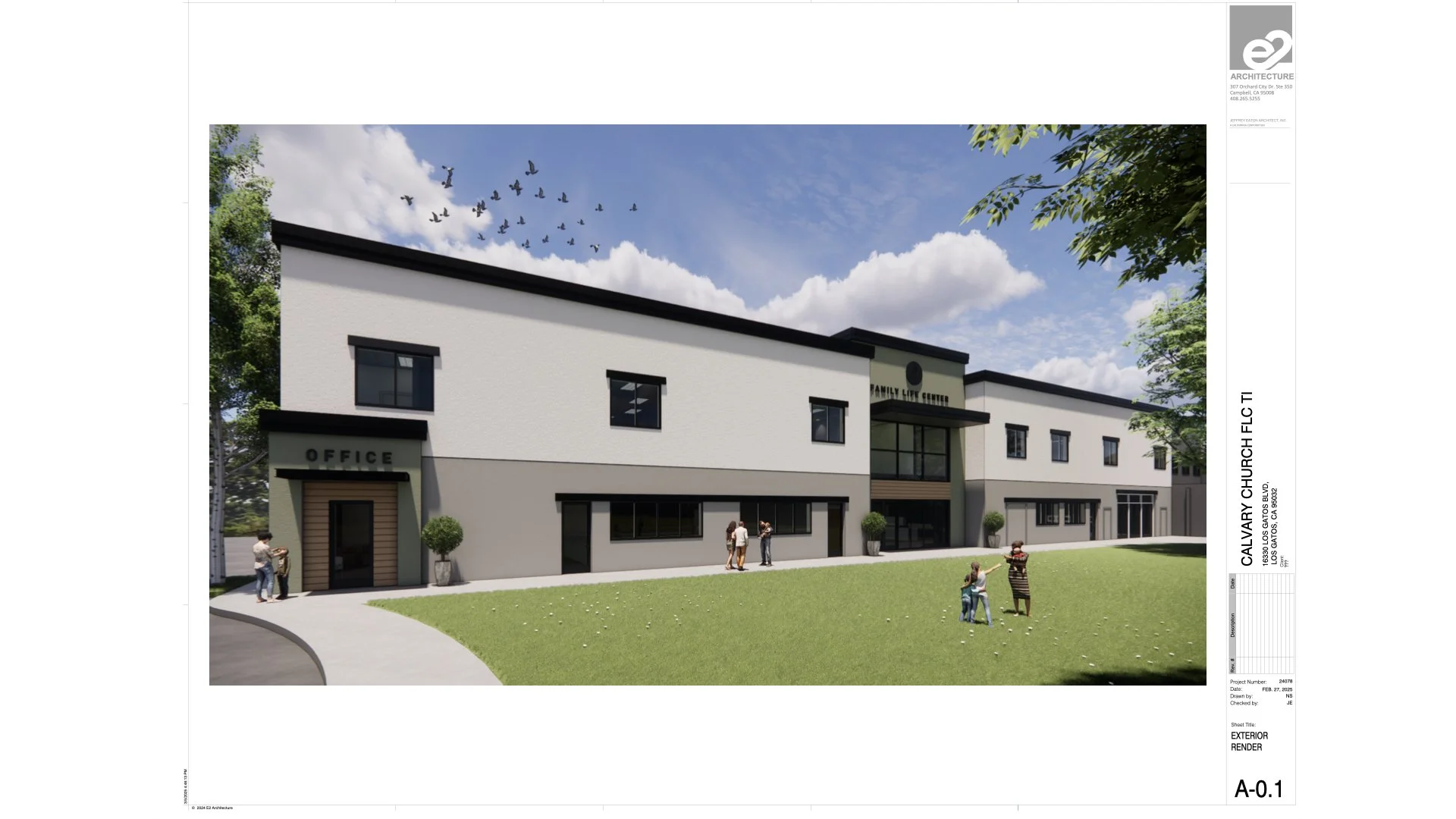 Design rendering of a new family life center building with white exterior, black window frames, and green accents, surrounded by children playing and adults socializing on a grassy yard, trees, and a partly cloudy sky with birds flying overhead.