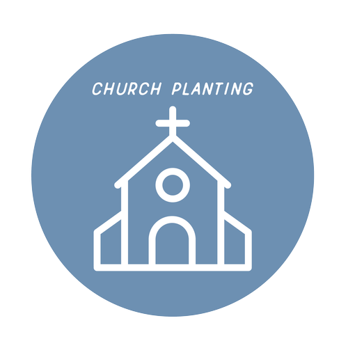 Icon of a church with a cross on top, surrounded by a light blue circle, with the words 'Church Planting' above.