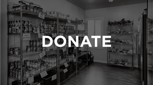 A pantry or storage room with shelves stocked with canned goods and supplies, with the word 'DONATE' overlayed in the center.